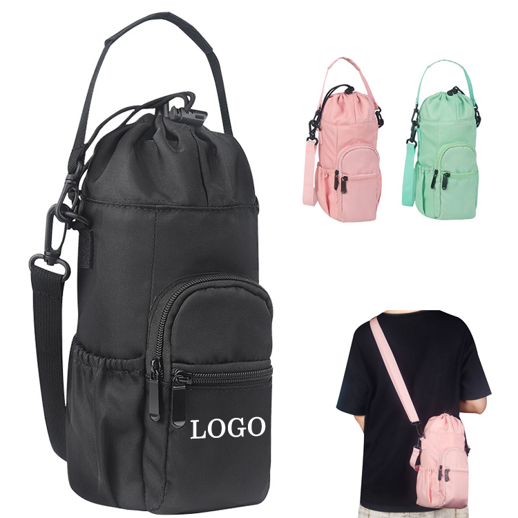 Water bottle carrier bag features a padded carrying handle strap and adjustable shoulder strap.