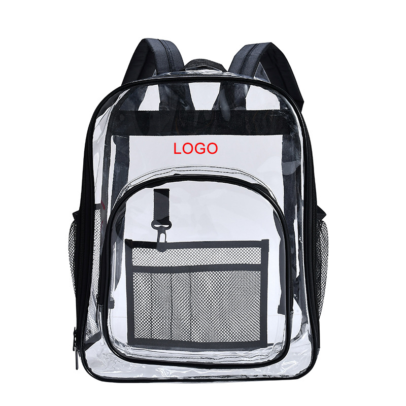 Our clear backpack is made from eco-friendly 0.4mm clear PVC material. It's incredibly versatile with a zippered main compartment perfect for 15.6" laptops